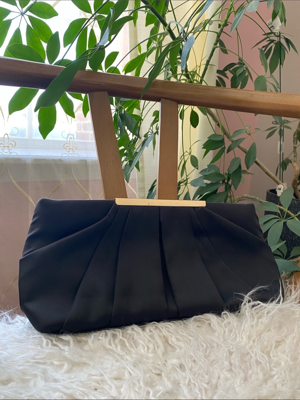 Black Satin Pleated Evening Clutch with Gold Bar